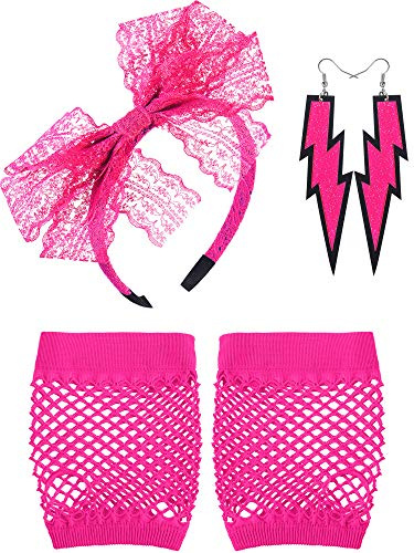 Blulu 80er Jahre Kostüm Accessoires für Frauen Spitze Stirnband Neon Ohrringe Fischnetz Handschuhe für 80er Jahre Retro Party Halloween, Rosenrot