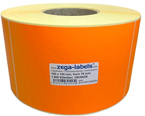 Thermotransfer Etiketten ORANGE auf Rolle - 100 x 150 mm - 1.000 Stück je Rolle - Kern: 76 mm - Papier Leuchtorange - permanent haftend - Druckverfahren: Thermotransfer (Drucken mit Farbband)
