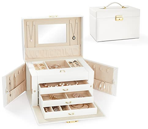 Mondeer Schmuckkästchen, 26x18.8x17.5cm, Schmuckkasten Damen mit 4 Ebenen, PU Leder Schmuckaufbewahrung abschließbare, mit Schublade und Spiegel, Schmuckkoffer für Ringe, Ohrringe, Halskette, Weiß