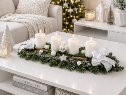 Adventskranz weiß Silber 60 cm künstlich Weihnachten Adventsgesteck Deko Adventkranz