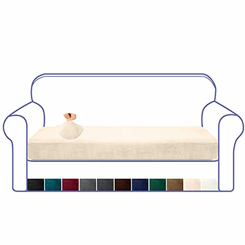 Granbest Luxurious Velvet High Stretch Sofa Cushion Cover Plush Super Soft Sofa Cushion Cover Replacement Fitted Washable Sofa Cushion Covers Furniture Protector Seat Cushion Cover (3 Seater, Beige)