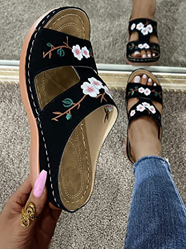 Dam Sandaler Dam Läder Öppen tå Slide Sandal Slip på mulor Lågkil Sommarbroderade skor Fritidsplattform Sandaler Trädgård Strandskor,Black,US8/EU39