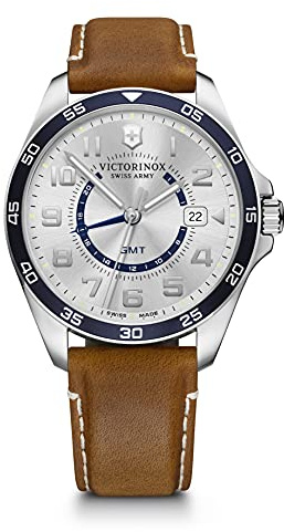 Victorinox Herren Armbanduhr FieldForce Classic GMT Ø 42 mm, Swiss Made, Analog Quarz, Wasserdicht bis 100 m, Leder-Armband, Silberweiß/Braun