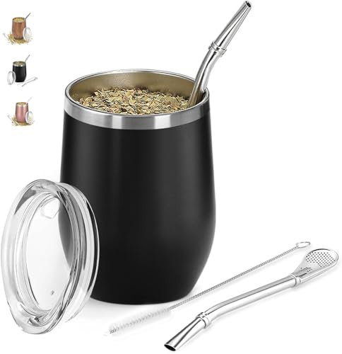 TELANKS Tasse mate 340 ml en acier inoxydable 18/8 à double paroi | Ensemble complet de mate avec gobelet, bombilla et brosse – Idéal pour les amateurs de yerba mate et comme cadeau, noir