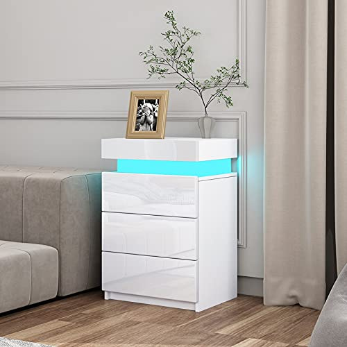 Senvoziii Moderner Nachttisch mit LED Beleuchtung Nachtschrank Hochglanz Nachtkommode mit 3 Schubladen & Flip Cover für Wohnzimmer Schlafzimmer Weiß