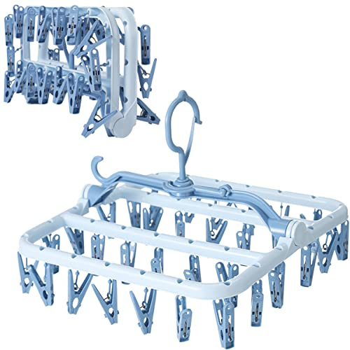 Foshine Clothes Drying Racks Foldable Clip Hangers Drip Hanger Plastic with 32 Drying Clips Wind-Proof Hook Underwear Hanger for Socks Bras (Blue)