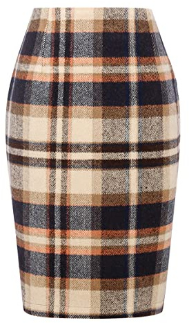 Kinghua Womens Wool Plaid Mini Skirt Fall Winter High Waisted Bodycon Pencil Skirt, Dark Brown/Knee, X-Large