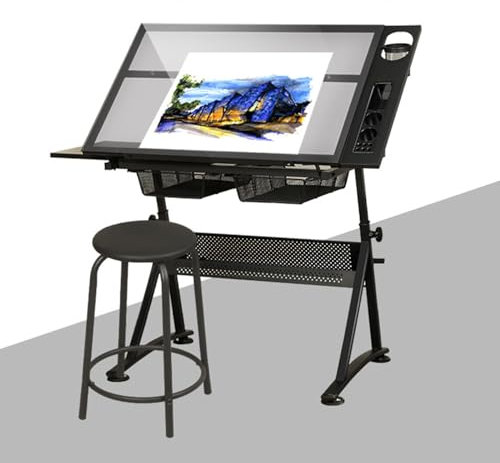 Artist Craft Tisch Verstellbare Workstation mit Hocker, 2 Schubladen, Ablagefläche Unter Dem Schreibtisch, Beistelltisch and Ablagekorb Home-Office-Schreibtisch für Kinder/Jugendliche/Erwachsene