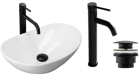 GTM Design Aufzatzwaschbecken mit Armatur - Waschbecken mit Hahn - Waschbeckenarmatur Schwarz Matt - Aufzatzwaschbecken Oval - Waschbecken Weiß Glanz - Aufsatzwaschbecken mit Armatur komplett Set