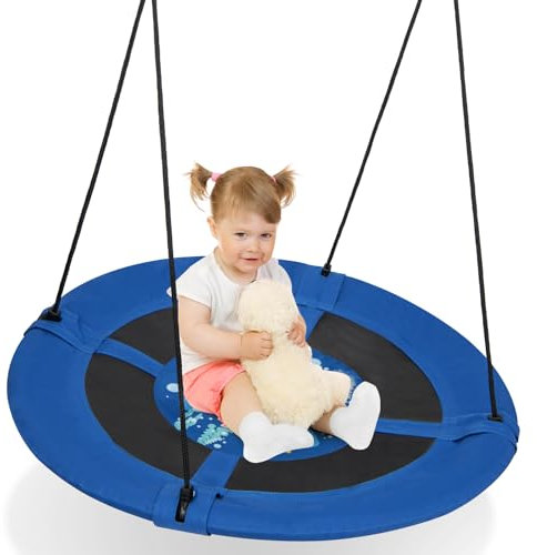 GYMAX Kids Nest Swing, 41 Inch/104cm Saucer Tree Swing with Height Adjustable Hanging Ropes, Indoor Outdoor Round Children Swing for Playground Garden Backyard (Navy Blue Whale), GY11372