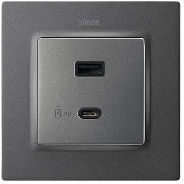 SIMON - Lote doble cargador USB C+A 3.1A Quickcharge con marco titanio Simon 82 Concept