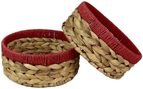 Pequeñas cestas redondas de jacinto de agua para almacenamiento, bordes rojos naturales para estantes, cesta abierta, mini bandeja de regalo decorativa, organizador de cocina (2 unidades, tamaño