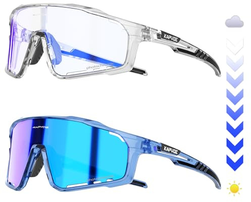 KAPVOE Vollrahmen Selbsttönende Fahrradbrille UV400 Herren Damen K76 | Linse & Rahmen photochromatisch, Linse klar zu Blau, UV400, 3-stufiges Nasenpad