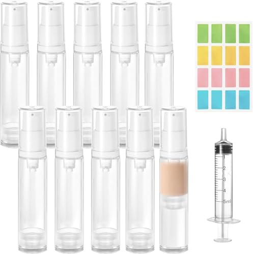 Furuising 10 Piezas 10ml Botellas de Loción al Vacío, Pequeño Botellas de Bomba sin Aire, Reutilizable Bote Airless Dispensador de Bomba con Jeringuillas y Pegatinas para Loción Base Champú