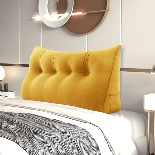 Keilkissen Bett Rückenlehne aus Holland-Samt, Rückenkissen Ergonomisches Dreieckskissen Lesekissen mit Knopfdesign & Seitentaschen, Abnehmbares Kopfteil Polster Wandkissen für Schlafzimmer Sofa
