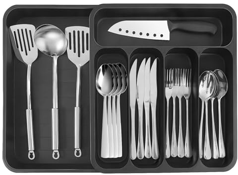 Organizador extensible para cajones de cubiertos, bandeja de almacenamiento ajustable de 6 compartimentos con grandes secciones para utensilios y cuchillos, plástico negro