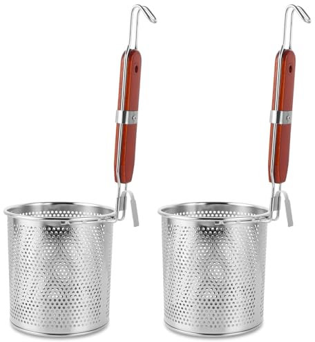 LDXDRU Lot de 2 passoires à pâtes acier inoxydable de 14 cm - Micro-perforées - Manche en bois - Passoire de cuisine - Passoire à vermicelles