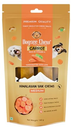 Dogsee Himalaya-Yak-Käse-Zahnpflege-Kausnacks mit Karottengeschmack für Hunde – 140 g (mittelgroß – 2 Kausnacks) | Für eine bessere Darmgesundheit | Ohne Getreide, ohne Gluten