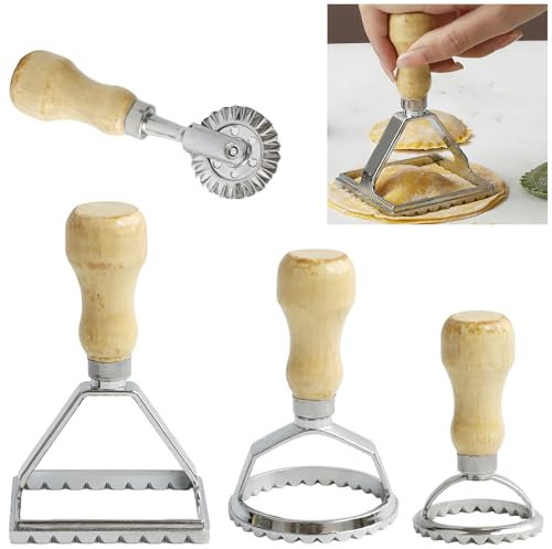 Ravioli Stamp Maker Cutter with Roller Wheel Set, Mold with Wooden Handle and Fluted Edge, Pasta Press Kitchen Attachment, Set of 4