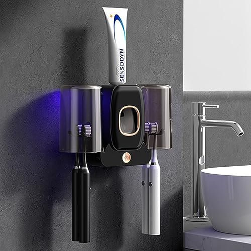 Désinfectant UV pour Brosse à Dents, Distributeur Automatique de Dentifrice, Support de Brosse à Dents Mural, Stérilisation UV Porte-Brosse à Dents avec 2Tasses, 4 Emplacements, Noir