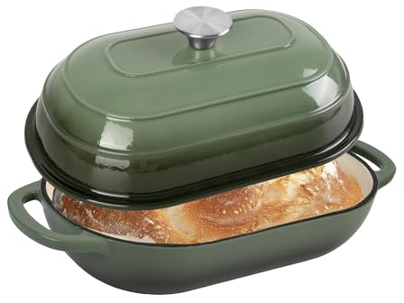 Fijxzct Horno holandés de hierro fundido esmaltado de alta calidad para hornear pan, horno ovalado antiadherente de 2 cuartos con tapa, perfecto para masa madre, pan y hornear artesanal (verde, 12