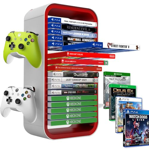 Niciksty Spiele Storage Tower Kompatibel mit PS5/ Xbox Serie S & X/Switch, Speicherung von Spiel-CDs Halter Stand, speichert 18 CD mit 4 Controller-Halter, Video Spiel Disc Regal, Rot