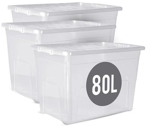 PDS 1 caja de almacenamiento de 80 litros con tapa, caja de almacenamiento de plástico transparente grande con tapa, cajas de plástico transparente para uso en el hogar, cocina, caja de plástico