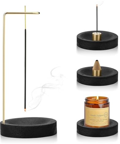 Porte Encens Set 2-in-1,Holzprodukte Support Encens Bruleur Baton à 9 Trous Brûleur D'Encens Fait à la Main Multifonction Incense Holders,pour Décor de Bureau à Domicile Yoga (Fond Noir)