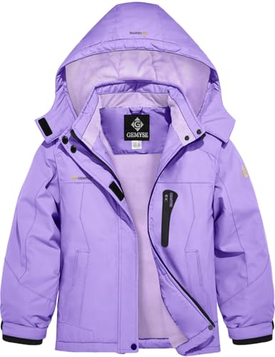 GEMYSE Chaqueta de Esquí para Niña con Capucha Abrigo de Invierno Impermeable Antiviento y Forro Polar(Morado Claro con Forro Morado Claro,140-146)