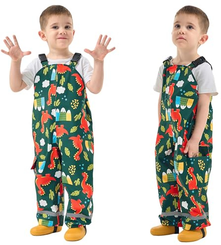 Baogaier Kids Rain Trousers Boys Waterproof Bib Overalls Rain Dungarees Mud Dirty Proof Pants with Reflective Strip Outdoor Lightweight Play Cycling Rainwear for 3-4 Years, Green Dinosaur