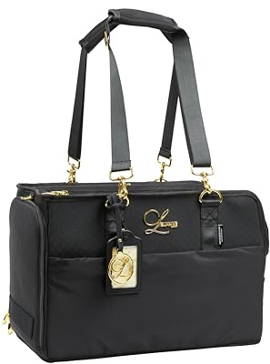 L'ÉLIANNE | Designer Flugzeug Hundetasche | Schwarz | Luxus Reisetasche mit Goldenen Akzenten, Schwarzes Nylon, Verstellbarer Schultergurt, Multifunktionales Design mit Reißverschluss