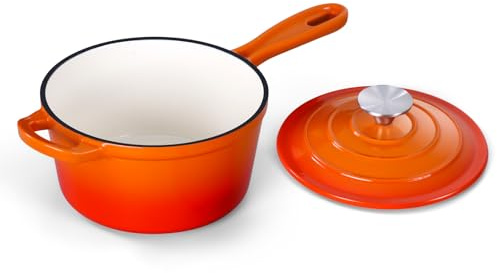 Onader Enameled Cast Iron Sauce Pan Pot, 1QT Saucepan with Lid, Small Enamel Dutch Oven Kitchen Cooking Pot – Sunset Orange
