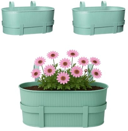 PALUPLUS 3 Fioriere in Metallo per Balcone di colore Verde Acqua, Misura 36x18x16 cm, Vaso per ringhiera con Ganci, Balconiera da Appendere a Finestre e Balconi -1201F-3,15