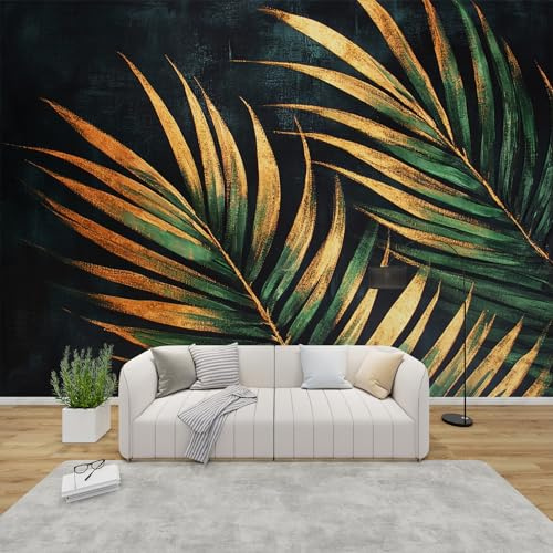 PaxGloz Fototapete Palmenblätter Gold Grün Tapete Tropisch Dunkel Luxus Tapeten Vliestapete Modern Wandtapete Wohnzimmer Schlafzimmer Kinderzimmer Wanddeko Motivtapeten 250 x 175 cm (B x H)