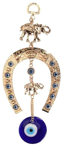 Blue Evil Eye Wall Hanging Decor with Elephant & Horseshoe, Gold Amulet for Home Office Car, Good Luck & Protection Charm
