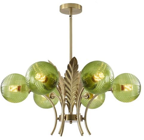 KCO Lighting Grüner Glas-Kronleuchter mit Blattgold und 6 Leuchten Glaslampenschirm Hängeleuchte Klassischer Sputnik-Kronleuchter mit einstellbarer Höhe Deckenleuchte für Wohnzimmer, Schlafzimmer