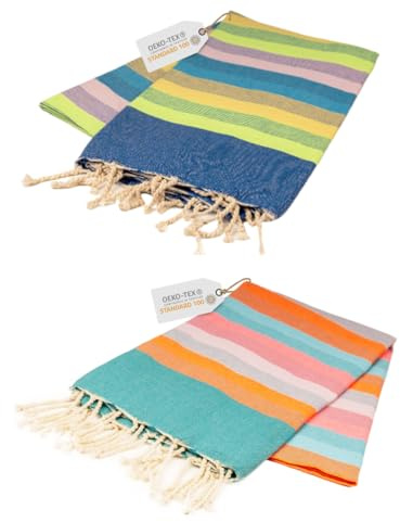 Sandrella 2er Set Hamamtuch aus 100% recycelter Baumwolle tunesisches Strandtuch Sauna Damen & Herren 100x200cm leicht und schnelltrocknend blau gestreift/dunkelblau gestreift