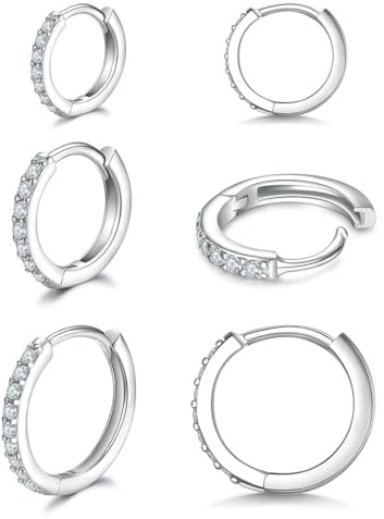 JYNXOR 6 Paires Boucles d'oreilles Avec diamant Créoles en Acier Inoxydable Boucles d'oreilles Cercles Cartilage Anneaux de Nez Lèvres pour Femme Homme 8/10/12 mm - Cartilage hypoallergénique (Argent)