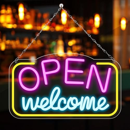 GOMETY Cartel de neón LED de bienvenida abierta, 42 x 23 cm, letrero de neón abierto de colores para negocios, luminosos, regulables, señales de neón con funcionamiento USB, para negocios, bares