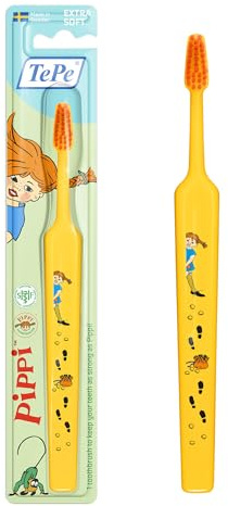TePe Pippi Zahnbürste, Kids Extra Soft, Farblich Sortiert, 1 Stk. | Bunte Kinderzahnbürste, weiche Borsten für eine sanfte Reinigung, mit Pippi-Illustrationen