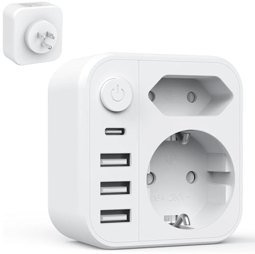 Regletas Enchufes, Enchufe Múltiple con 1 Tipo C Y 3 USB,Enchufe De Pared con Interruptor, Ladron Enchufes para Hogar, Oficina, Viaje ﻿