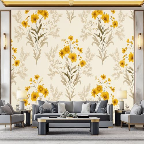 WHUOEUCO Papier Peint Panoramique Campagne Fleurs Sauvages Jaunes 350x256 cm Murale Intissé Moderne, Papier Peint Personnalisé 3D, Décoration Murale pour Salon Chambre Salle à Manger