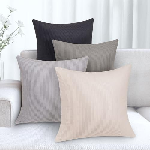 KENOBE Fundas para Almohadones, 4 Piezas 40x40 cm Funda de Cojines de Corduroy Súper Suave Cojin de Pana a Rayas para Cojin Sofa Cama Salon de Estar Dormitorio Sillas Jardin Habitación, Serie Gris