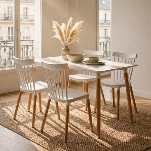 SHANNON/RAVI Essgruppe mit Tisch und 4 Stühlen, Weiß - Esstisch klein 120 x 70 cm, Tisch mit 4 Stühlen Set, Esszimmermöbel für moderne und skandinavische Einrichtung [max. Belastbarkeit 120 kg]