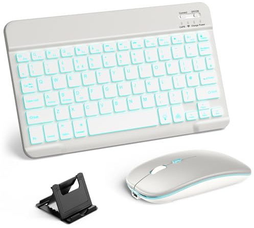 Vobafe Bluetooth Keyboard and Mouse Set with Phone Holder, Backlight | Quiet Rechargeable Wireless Keyboard and Mouse UK layout for iPad/Samsung/iOS/Android/Windows, Ultra-thin keyboard, LightGrey