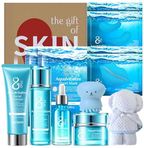 QUIYUM Anti-aging hudvård set kvinnor, presentförpackning ansiktsvård 12 delar | 8X H2O AquaVitalize Skincare: Serum & Ansiktskräm för intensiv fuktkräm med pantenol & acetylhexapeptid-8