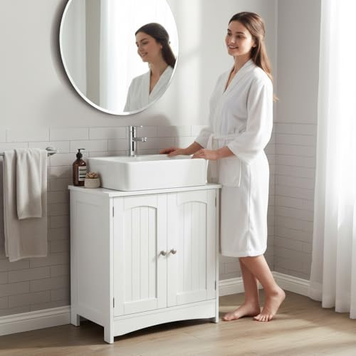 Alivio Under Sink Bathroom Cabinet for Wall-Hung Washbasin, White Storage Unit with Magnetic Doors, Metal Handles & Sturdy Hinges, Easy-Clean Surface