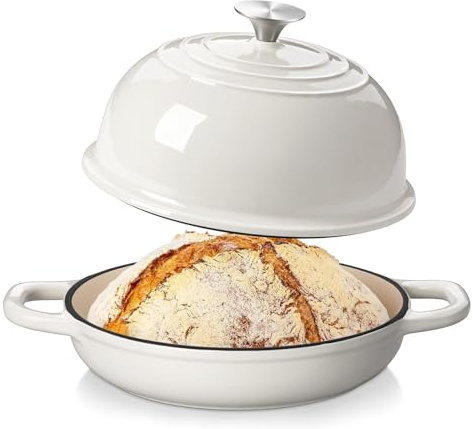 24cm Enameled Cast Iron Dutch Oven for Bread Making,Non-Stick Cast Iron Pot | Sourdough Bread Pan with Dome Lid for Oven,Gas,Induction - Crispy Crust Baking(White)