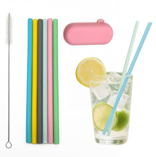 6 Piezas Pajitas de Silicona Reutilizables con cepillos de limpieza y caja de almacenamiento, Pajitas Flexibles Ecológicas, Ideales para Zumo, Té con Leche (Diámetro 0,8 cm, Altura 24 cm)