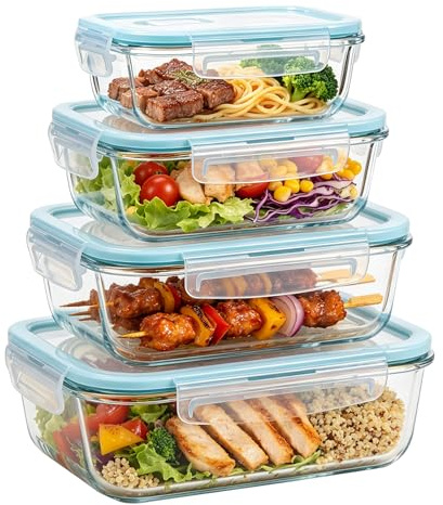 Recipientes de Cristal para Alimentos con Tapas Herméticas, 4 Piezas Cajas de Preparación de Comidas Reutilizables, sin BPA, a Prueba de Fugas, Aptos para Microondas, Lavavajillas y Congelador